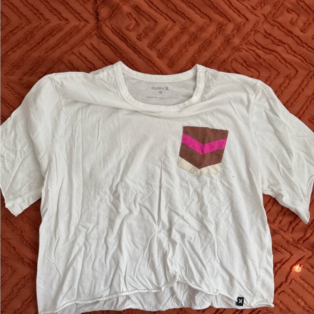 Hurley White Crop Top with Pink and Brown Pocket